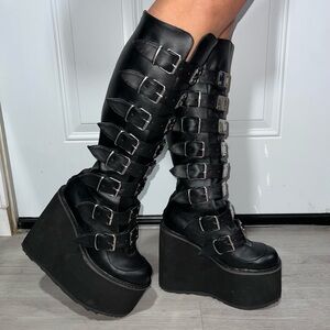 Demonia Trinity Black Platform Boots with Silver Buckles